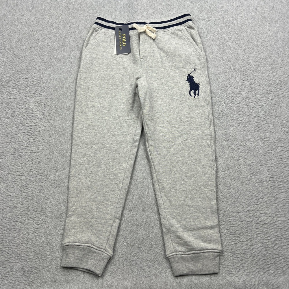 NEW Polo Ralph Lauren Sweatpants Kids 7 Grey Terry Knit Pony Logo Stripe Joggers